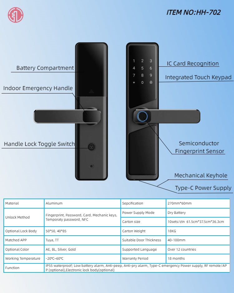 HH-702 Fingerprint Keypad Digital Door Lock - Image 3