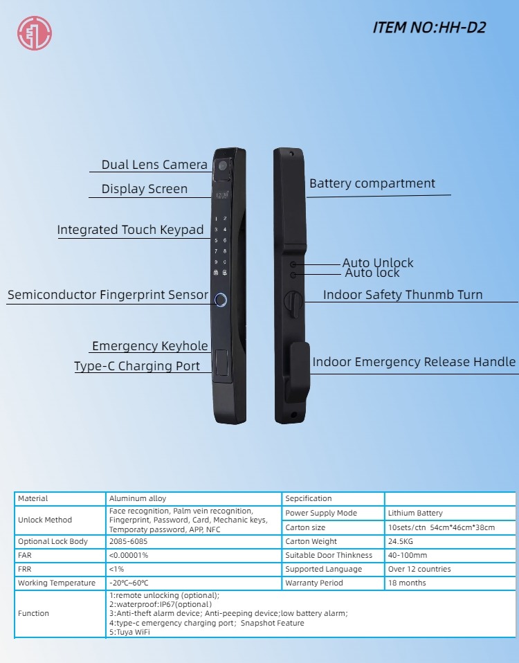 HH-D2 Face Recognition Aluminum Door Smart Lock - Image 2