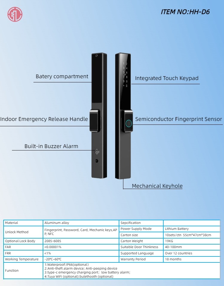 HH-D6 Fingerprint Aluminum Door Smart Lock with Tuya App - Image 2