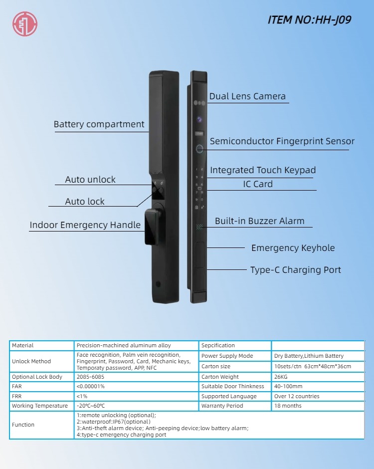 HH-J09 Face Recognition Aluminum Door Smart Lock - Image 2