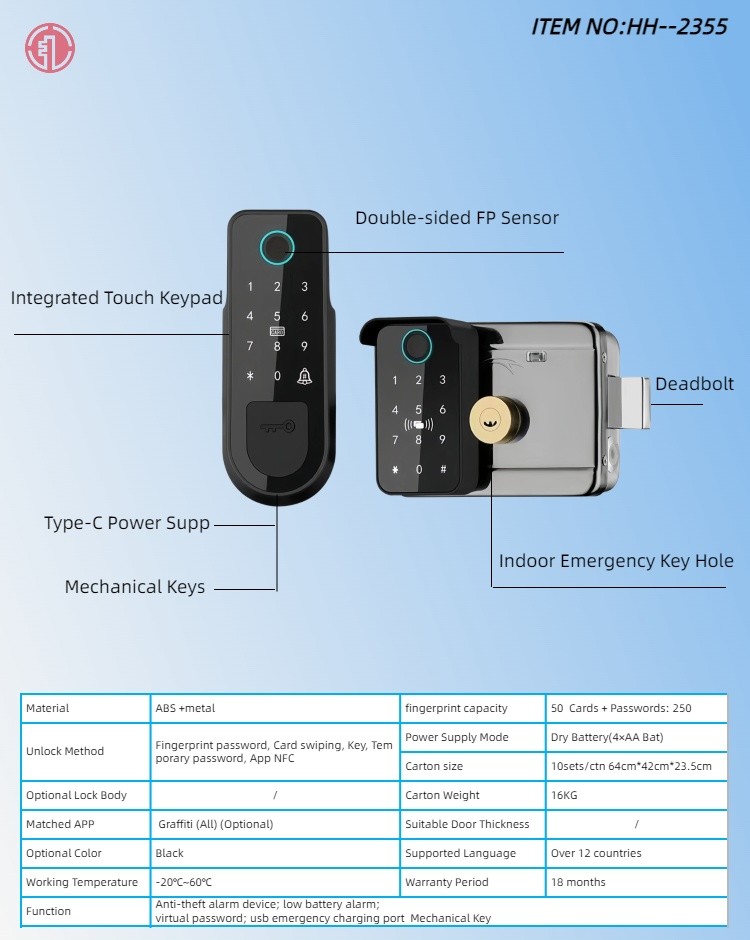 HH-2355 Fingerprint Rim Smart Lock with Mechanical Key