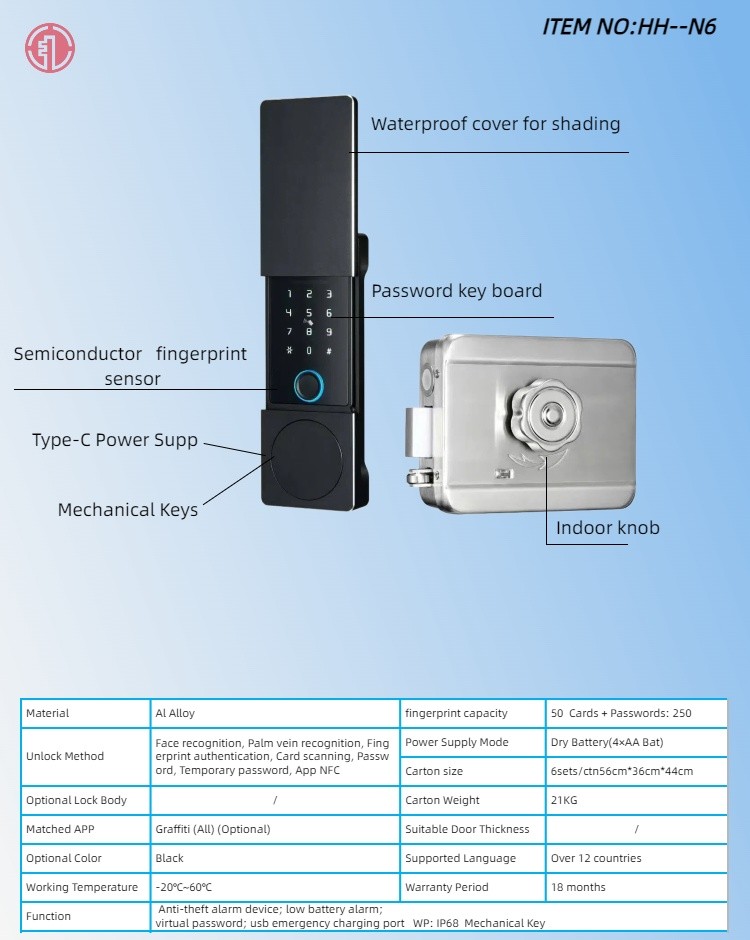 HH-N6 Face Recognition Palm Vein Smart Rim Lock