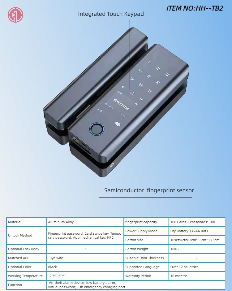 HH-TB2 Tuya WiFi Aluminum Glass Door Smart Lock